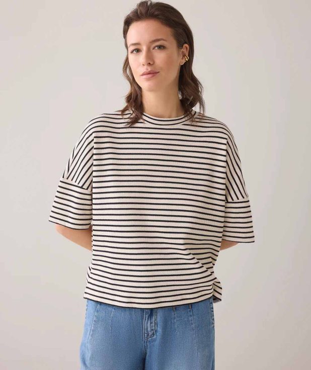 T-shirt Stripe Waffle Summum zwart ivory