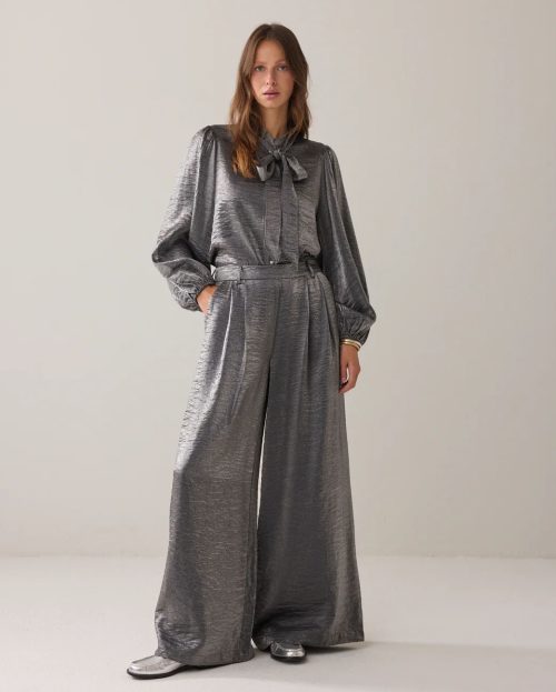 Broek Metallic Grey Summum shine wide leg