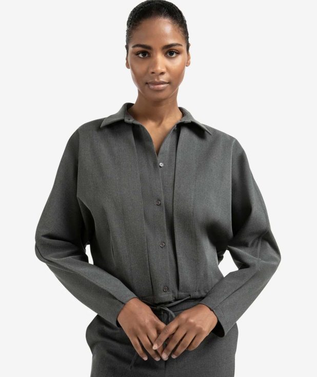 Blouse-jas met tailleplooien en striksluiting grijs