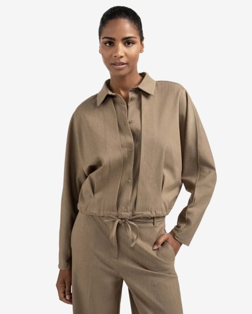 Blouse jacket with waist pleats and tie closure beige