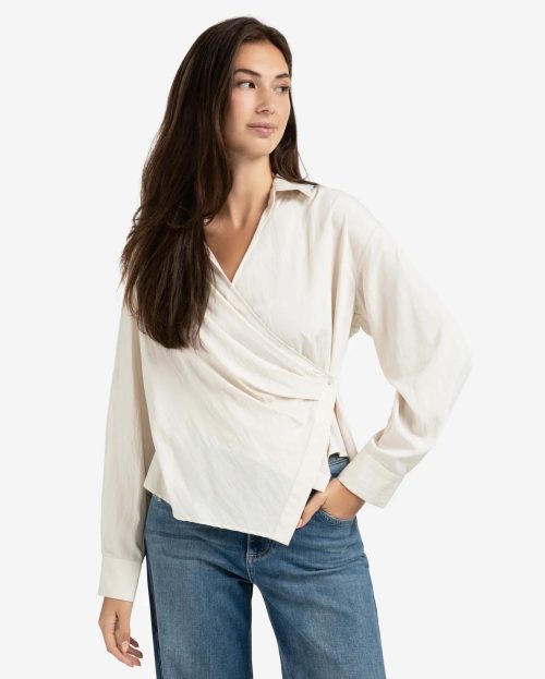 Fitted wrap blouse with long sleeves yaya beige