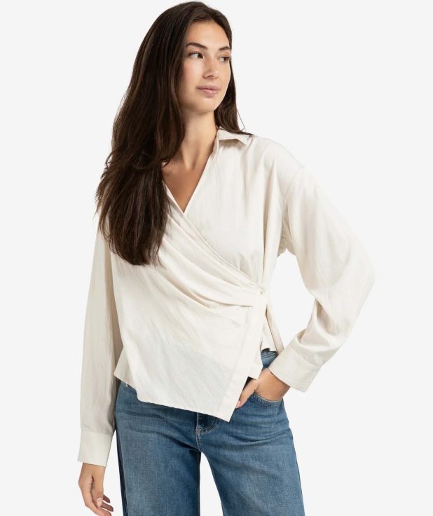 Fitted wrap blouse with long sleeves yaya beige