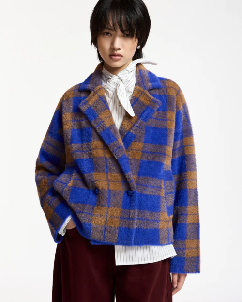 Blauw en bruin geruite cardigan met dubbele knopenrij