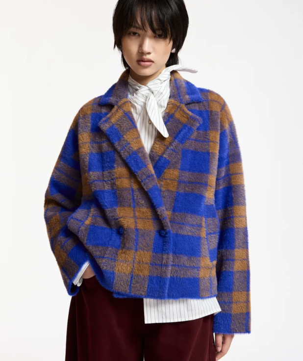 Blauw en bruin geruite cardigan met dubbele knopenrij