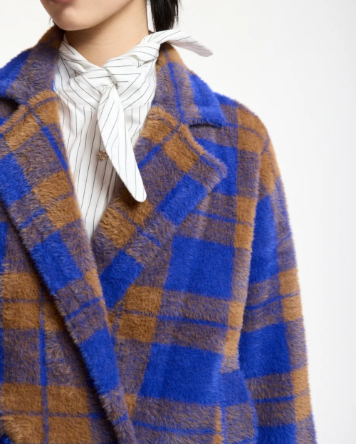 Blauw en bruin geruite cardigan met dubbele knopenrij