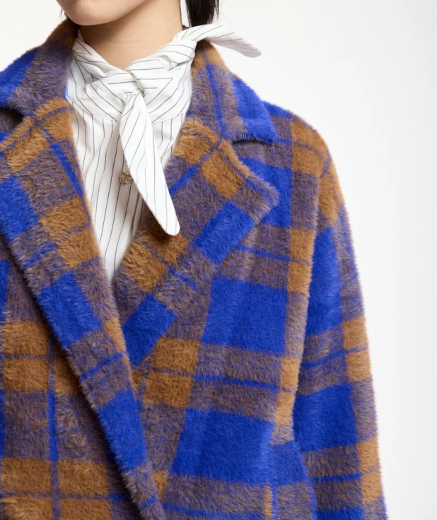 Blauw en bruin geruite cardigan met dubbele knopenrij