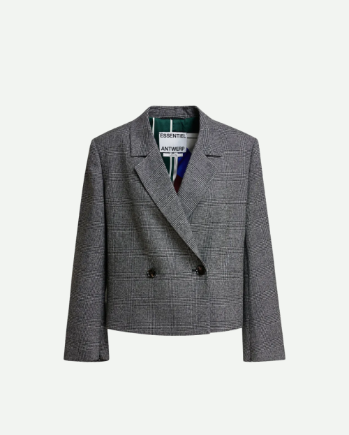 Grijze en zwarte korte blazer met dubbele knopenrij en ritsdetail