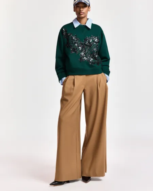Camel broek met brede pijp en gebogen zijnaden