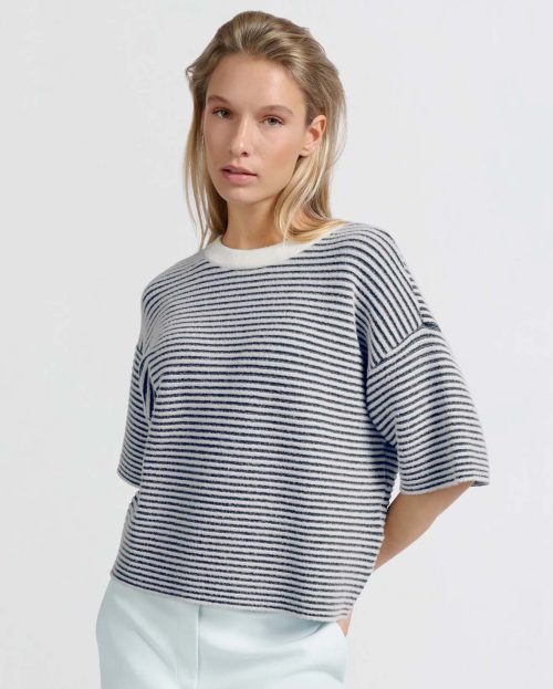 Sweater Fluffy Stripe Ecru Yaya blauw